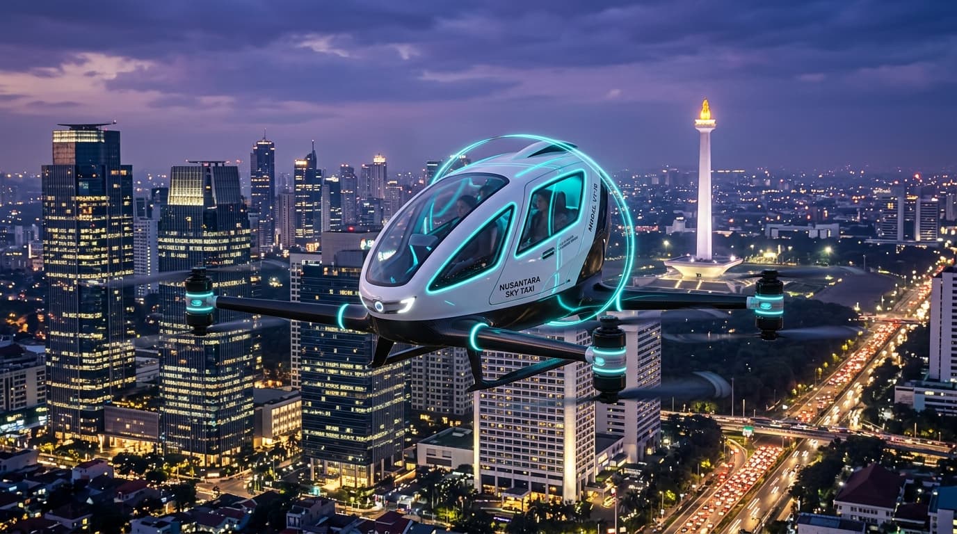 Autonomous EHang 216 eVTOL Flying Taxi over Jakarta Skyline with Monas